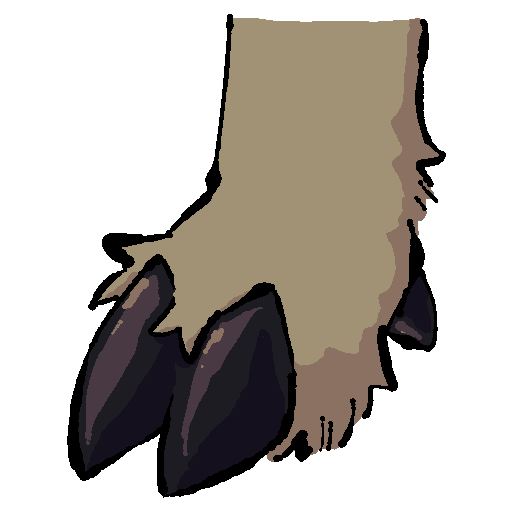 a brown, furry leg with black hooves, similar to a goat's